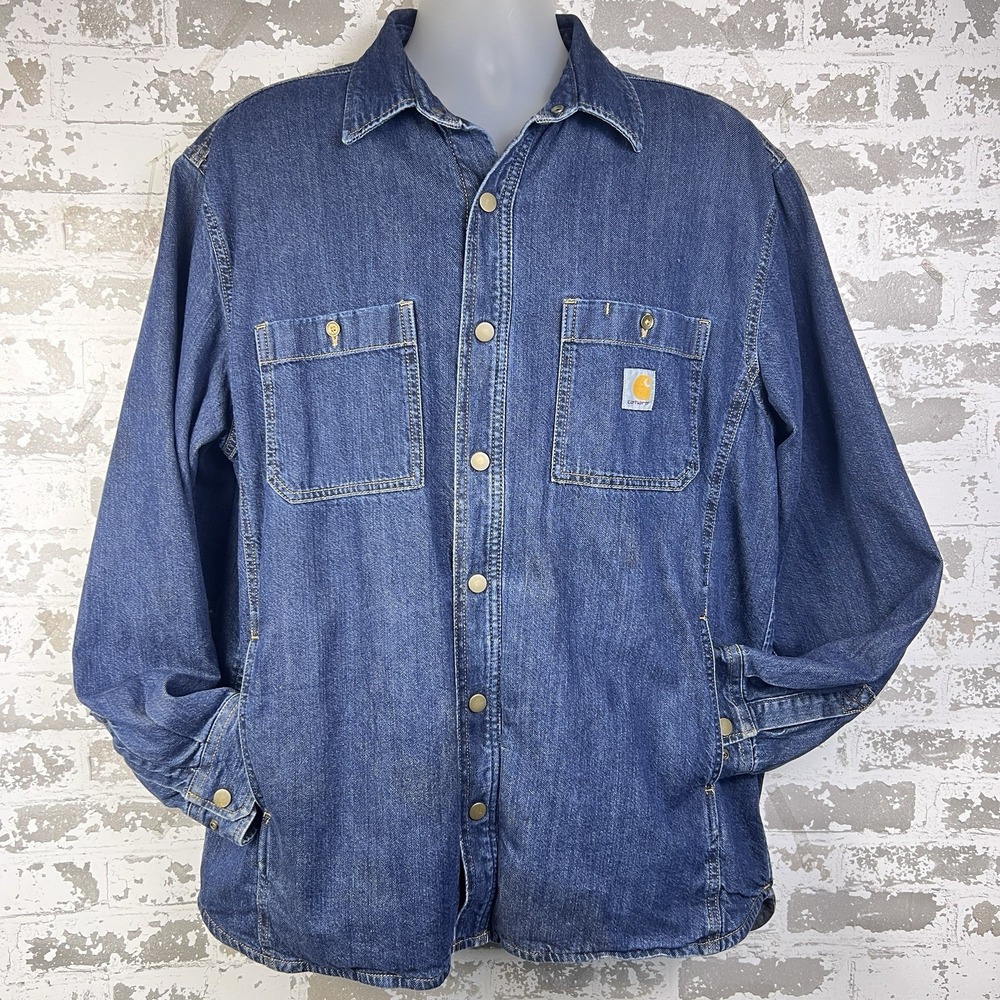 Carhartt Denim Fleece Lined Shirt Jacket Sz L Relaxed Fit Work Chore Snap Front